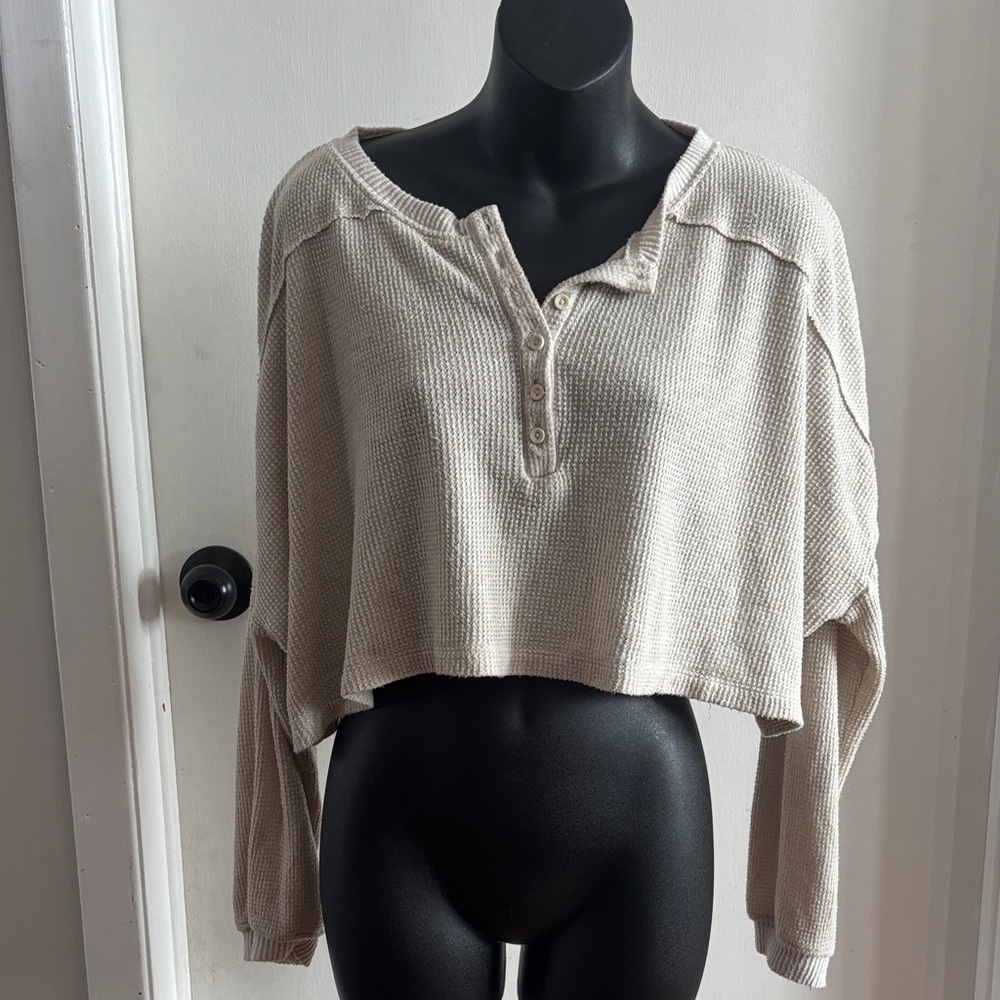 $8 ADD ON Long Sleeve Cream Waffle Knit Cropped Top